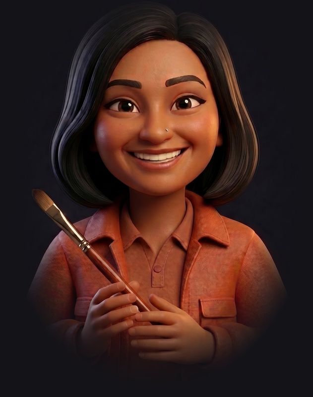 Illustrated 3D portrait of H Vinithra holding a paintbrush